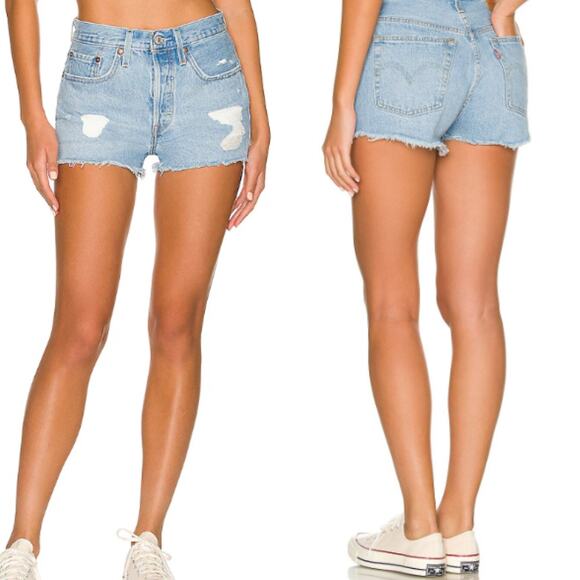 LEVI'S 501 Women's Cut Off Short 32 Blue Denim Distressed Raw Hem Button Fly